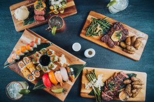 surf and turf meals viewed from above