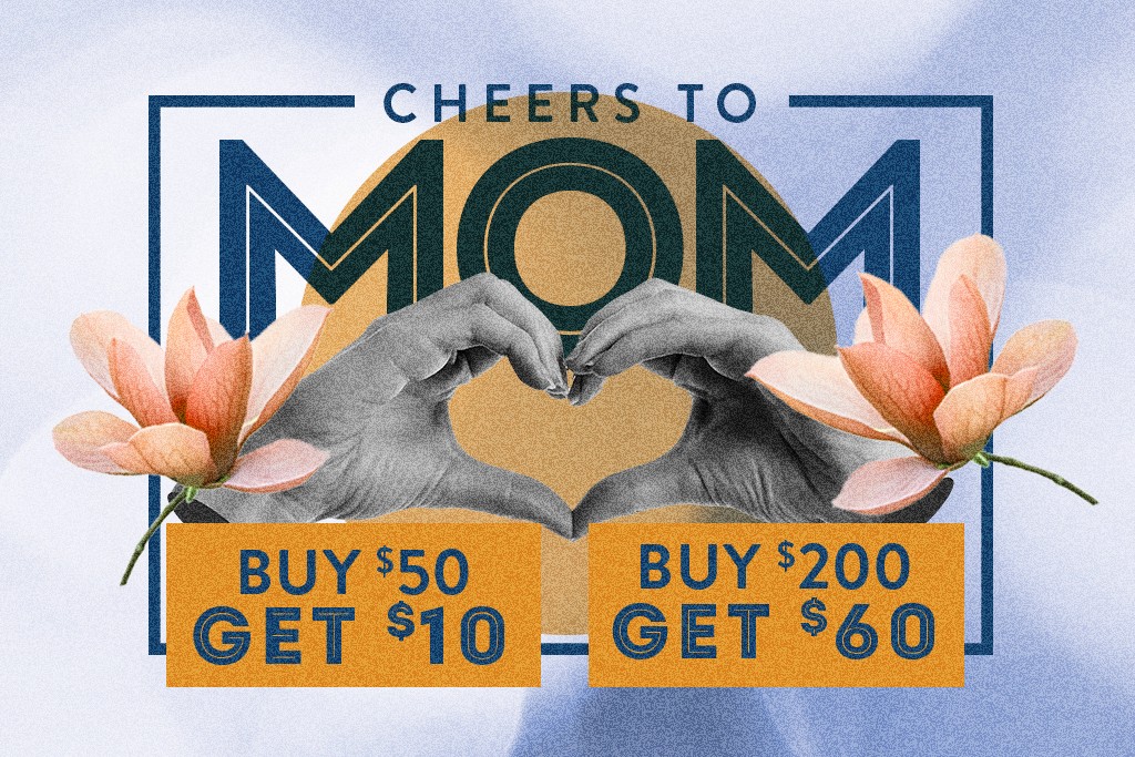 Two hands creating a heart shape, flowers on each side. Kona Grill: Cheers to Mom! Buy $50, get $10. Buy $200, get $60.