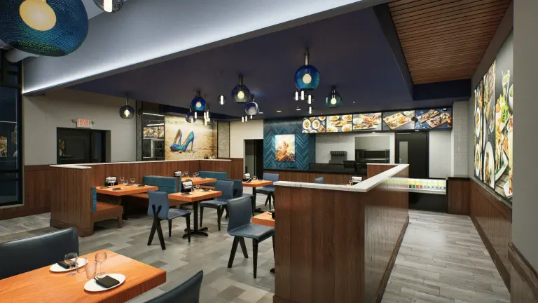 3D rendering of the inside dining area of Kona Grill Bistro Baltimore